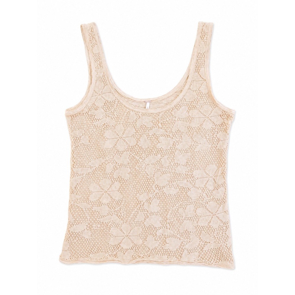 Free People Floral Lace Front Slub Knit Scoop Neck‎ Tank Top Women's Size Medium